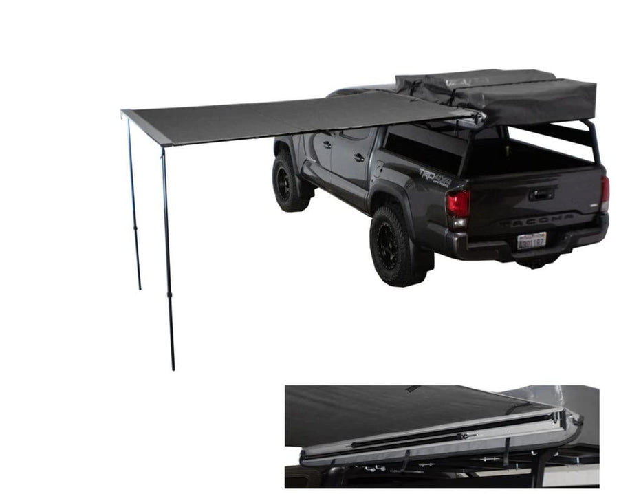 Overland Vehicle Systems Nomadic HD 2.5-8.0' Awning - 280G Poly Cotton Rip Stop Grey Body, Green Trim & 1000G PVC Black Travel Cover - 69 Square Feet of Coverage - Universal Fitment