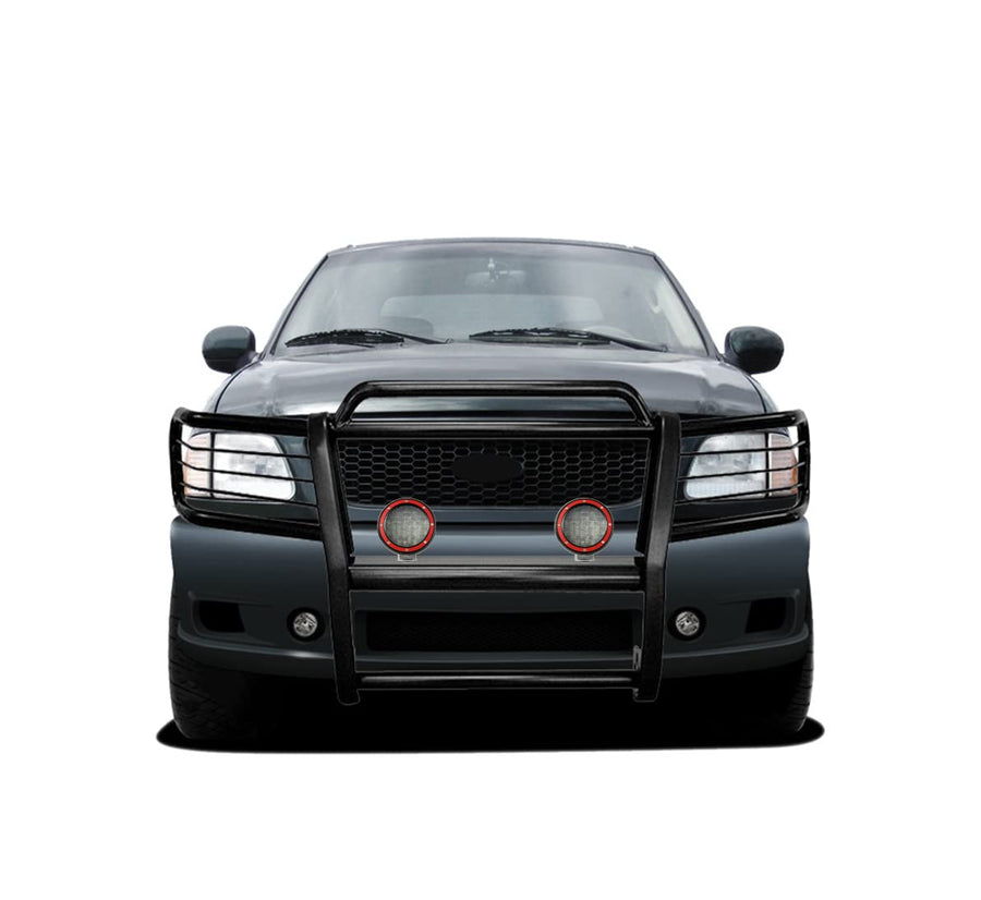Grille Brush Black Horse Bumper Guard Modular Black Come with Pair of 5.3" LED Lights with Red Trim Rings Compatible with 1999-2002 Expedition|1999-2004 F-150|1999-2007 F-250 Super Duty-17FP27MA-PLFR