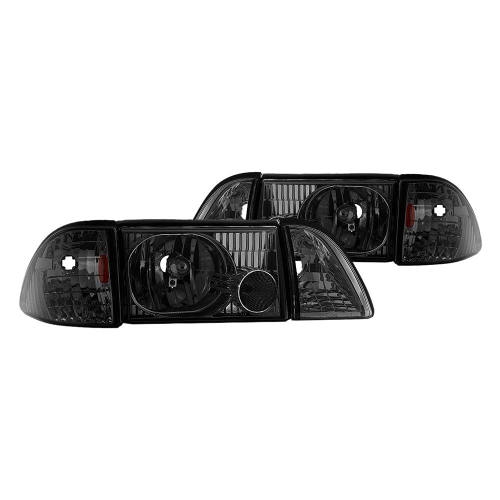 Xtune HD-JH-FM87-6PC-AM-SM Headlight (87-93 Ford Mustang OEM style s with Corner Parking Lights 6pcs Amber - Smoked)