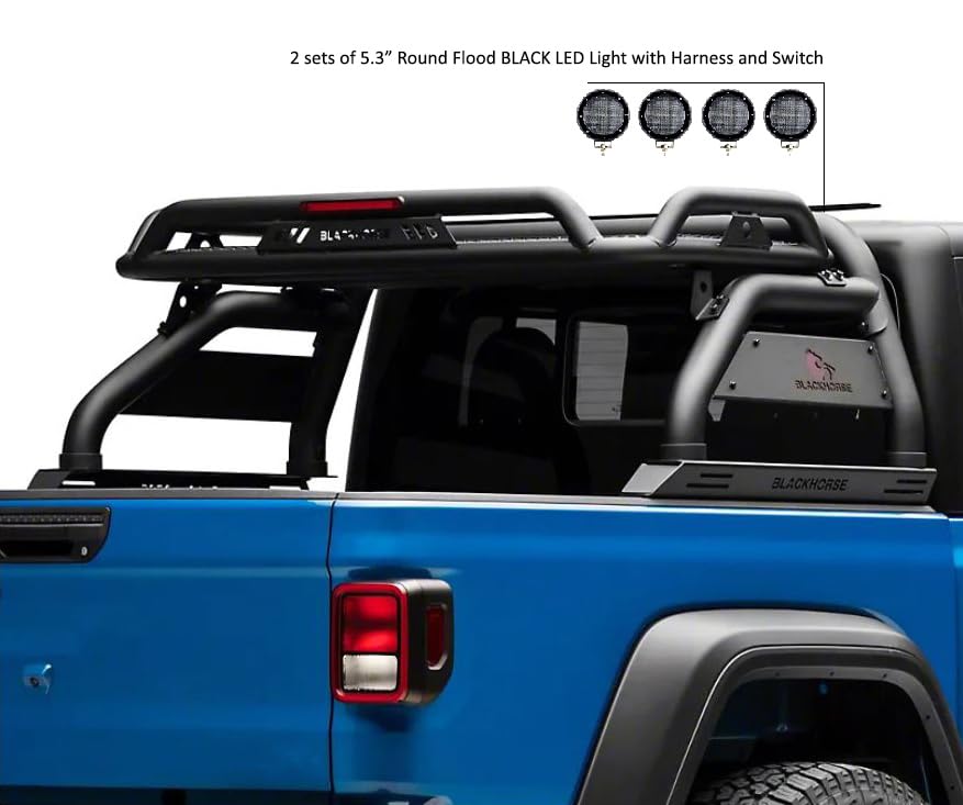 ATLAS Black Horse Roll Bar Incl. Set of 5.3"Dia.LED Lights w/Black Trim Rings Compatible with 2020-2024 Jeep Gladiator-ATRB9BK-PLFB