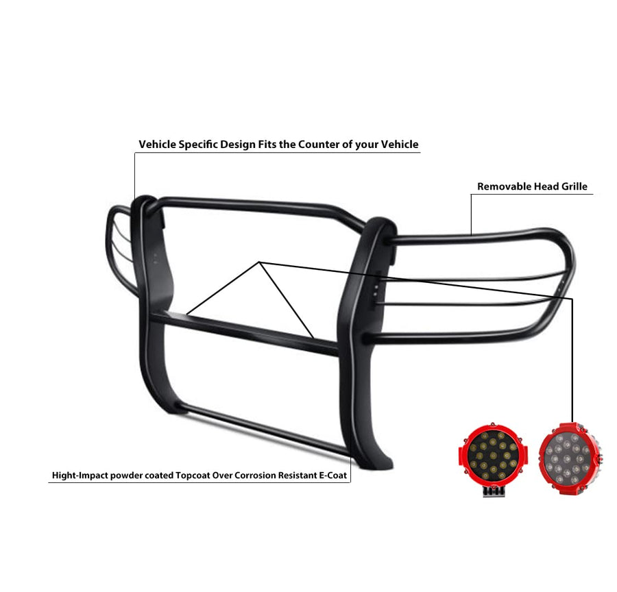 Black Horse Grille Brush Modular Bumper Guard Black Come with Pair of 7.0" Dia.LED Lights with Red Trim Rings Compatible with 1998-2007 Toyota Land Cruiser-17SG598MA-PLR