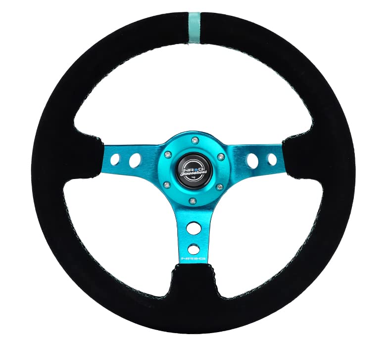 NRG Innovations Reinforced NRG-RST-006S-TL Steering Wheel - 350MM Sport Steering Wheel (3" Deep) - Black Suede Teal Center Mark with Teal Stitching and Teal Center spoke