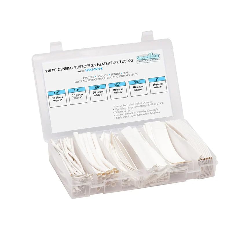TUBING KIT: Shrink 110 PCS, 6" Lengths, 6 Sizes(1/8" to 1"), 2:1 Heat Shrink TUBING, White