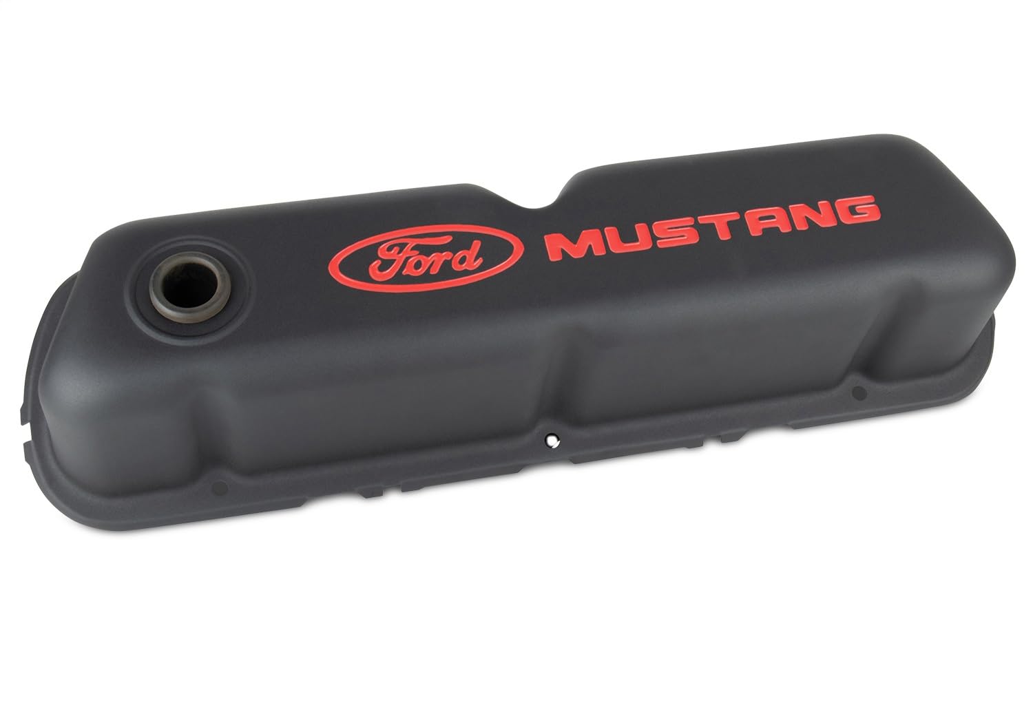 Ford Tall Valve Cover, Baffled, Breather Hole, Ford Mustang Logo, Steel, Black Crinkle