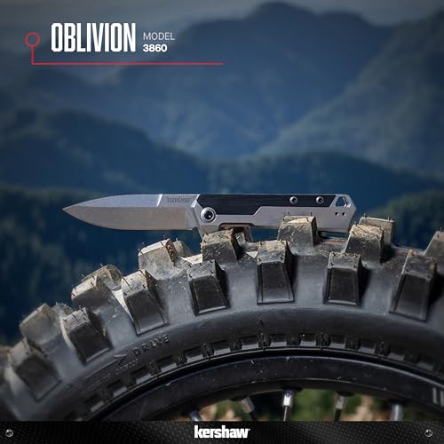 Kershaw Pocket Knife Oblivion, Black and Gray Design, 3.5 Inch Stainless Steel Drop Point Blade, EDC with Assisted Opening, Reversible Deep Pocketclip, Everyday Carry Pocket Knife for Men and Women