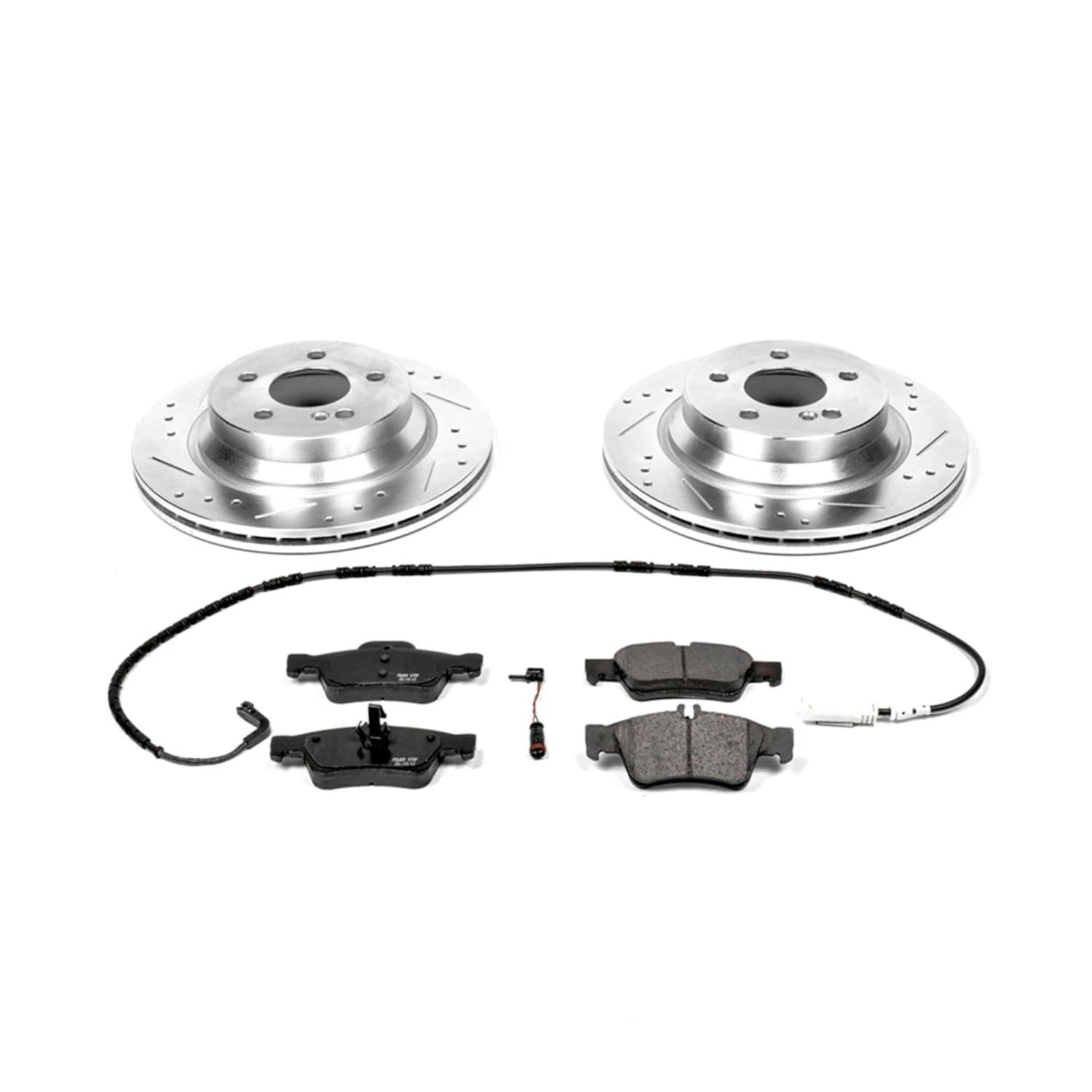 Power Stop K5322 Brake Pads Rear Z23 Carbon Fiber with Drilled & Slotted Brake Rotors Kit and 2 Rear Sensor Wires