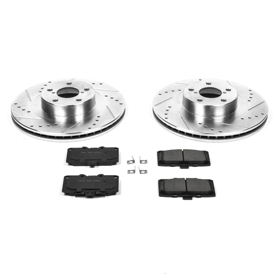 Power Stop K2367 Z23 Carbon Fiber Brake Pads Front with Drilled & Slotted Brake Rotors Kit For Subaru Impreza 2006-2007 [Model Specific]
