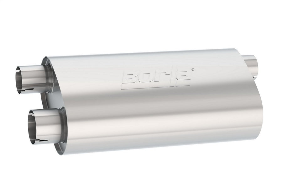 BORLA Specialty Muffler 400499 - Transverse Flow Single 3" Offset In/Dual 2.5" Offset Out (Originally for GM F-Body) 6"x10.25" Oval x 19" Long Body 24" OAL. Universal. Reversible. Notched.