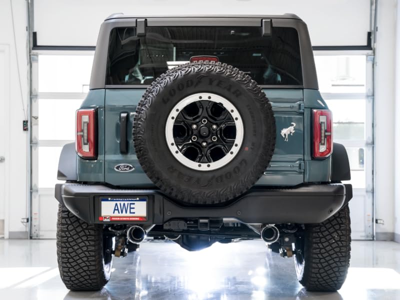 Bronco AWE Tuning 2021+ 0FG Dual Rear Exit Exhaust w/Chrome Silver Tips & Bash Guard - 3015-32456