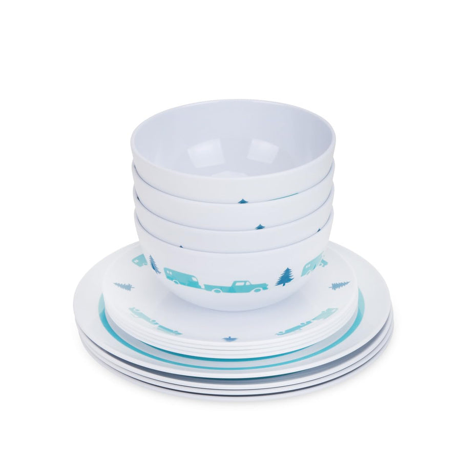 LIBATC, Camco Manufacturing - Dinnerware Set, 12pc, Melamine Blue RV-Trees