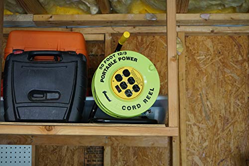 Power Stations Southwire E-235 Cord Reel - 14/3 Gauge with 6 Grounded Outlets - Built-In Circuit Breaker & Lighted Switch - Sturdy Metal Base for Stability - Red & Black Striping - 50 Feet
