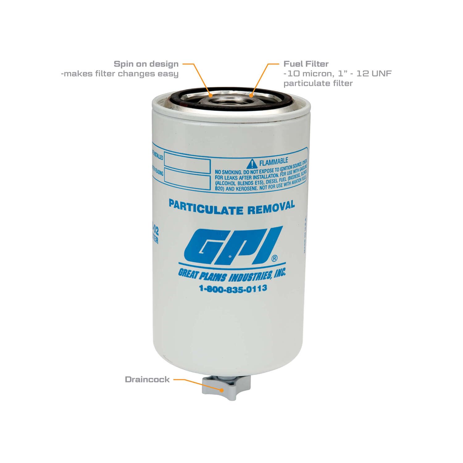 Particulate Fuel Filter GPI P-18-10-1-DC for use with Fuel Transfer Pumps up to 18 GPM (67 LPM), 10 Micron, 1-12 UNF Thread, Includes Draincock (GPI Genuine Accessory 129340-02)