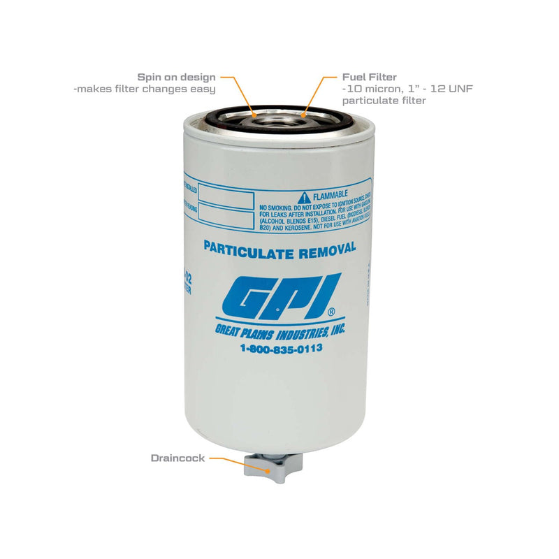 Particulate Fuel Filter GPI P-18-10-1-DC for use with Fuel Transfer Pumps up to 18 GPM (67 LPM), 10 Micron, 1-12 UNF Thread, Includes Draincock (GPI Genuine Accessory 129340-02)