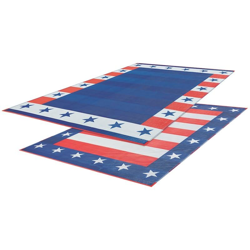 Independence Day Design Faulkner Patio Mat 49600S, 16 Ft Len x 8 Ft Width, Red/White/Blue, Polypropylene, Reversible Fabric, UV Resistant, Without Grommets, with Storage Bag/Corner Tie-Downs