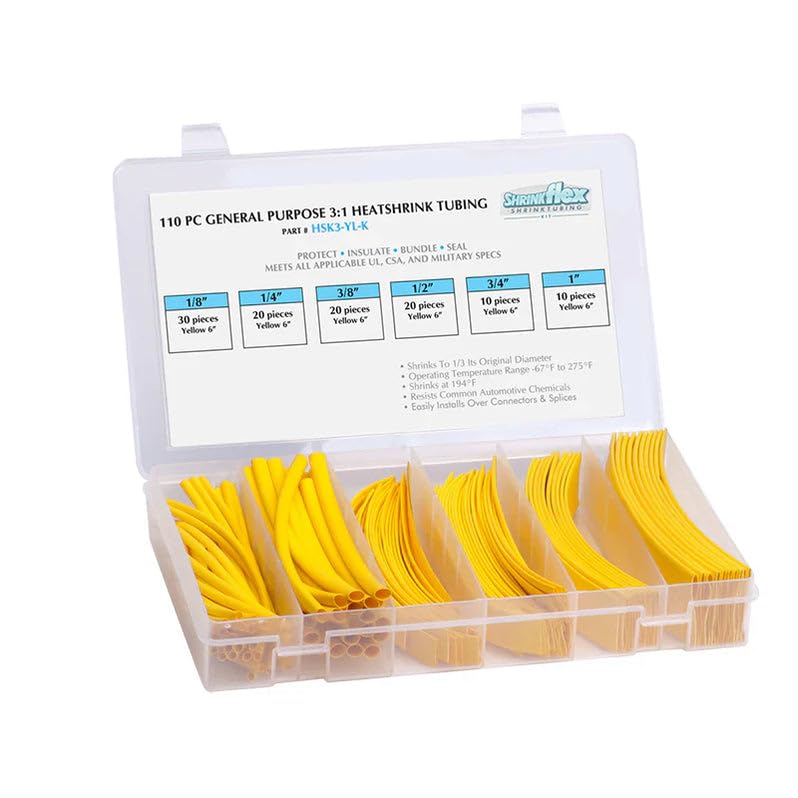TUBING KIT: Shrink 110 PCS, 6" Lengths, 6 Sizes(1/8" to 1"), 2:1 Heat Shrink TUBING, Yellow
