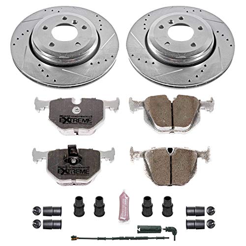Power Stop K5729-26 Z26 Carbon Fiber Brake Pads Rear with Drilled & Slotted Brake Rotors Kit and 1 Rear Sensor Wire