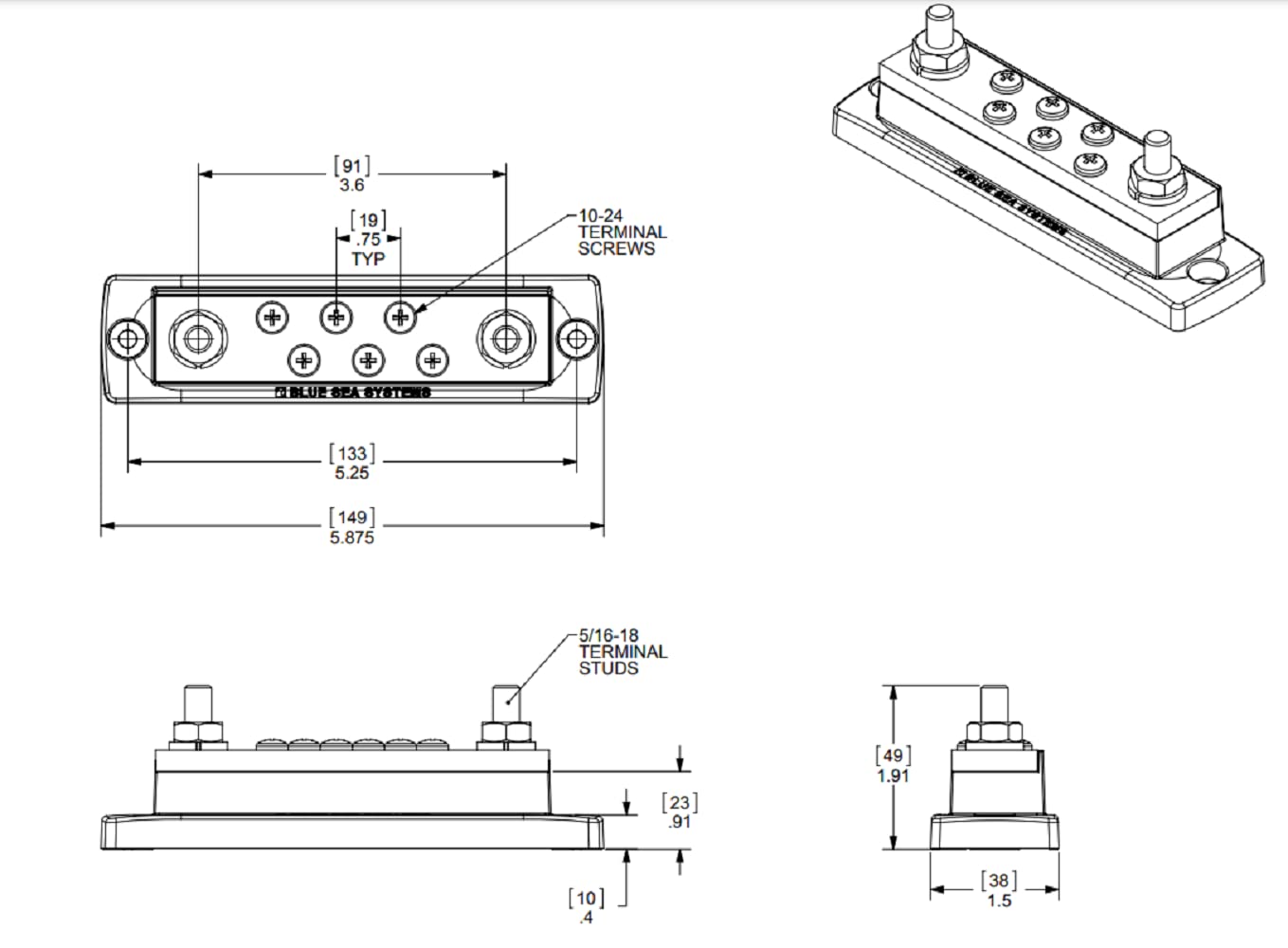 250 Amp Blue Sea Systems MaxiBus BusBar with 6 screws