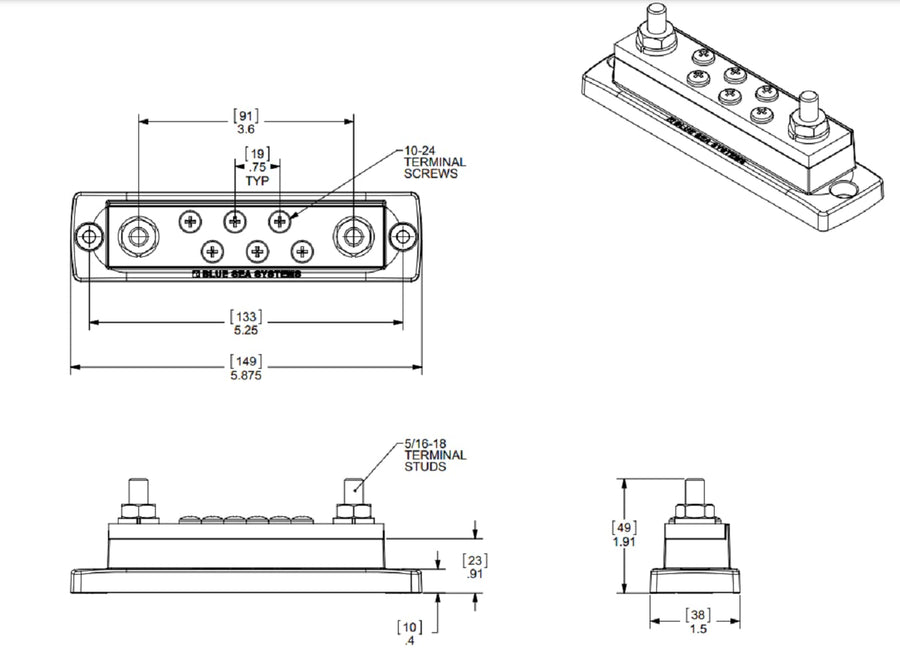 250 Amp Blue Sea Systems MaxiBus BusBar with 6 screws