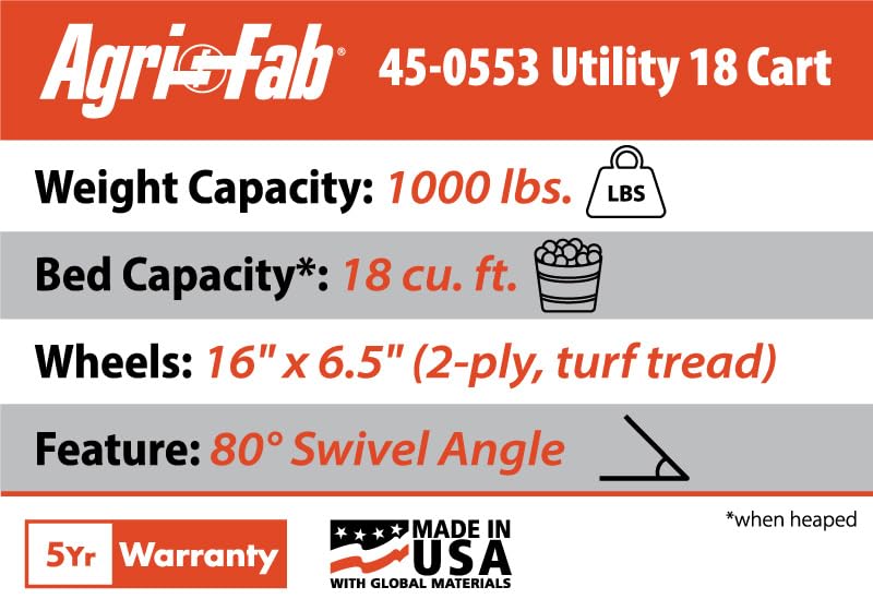 1,000-Pound Capacity Agri-Fab 45-0553 Poly Swiveling Tow Behind Dump Cart, 18 Cubic Feet Capacity, 80 Degree swiveling, 52 Degree Dumping, 16-Inch x 6.5-Inch Pneumatic Turf Tread Tires