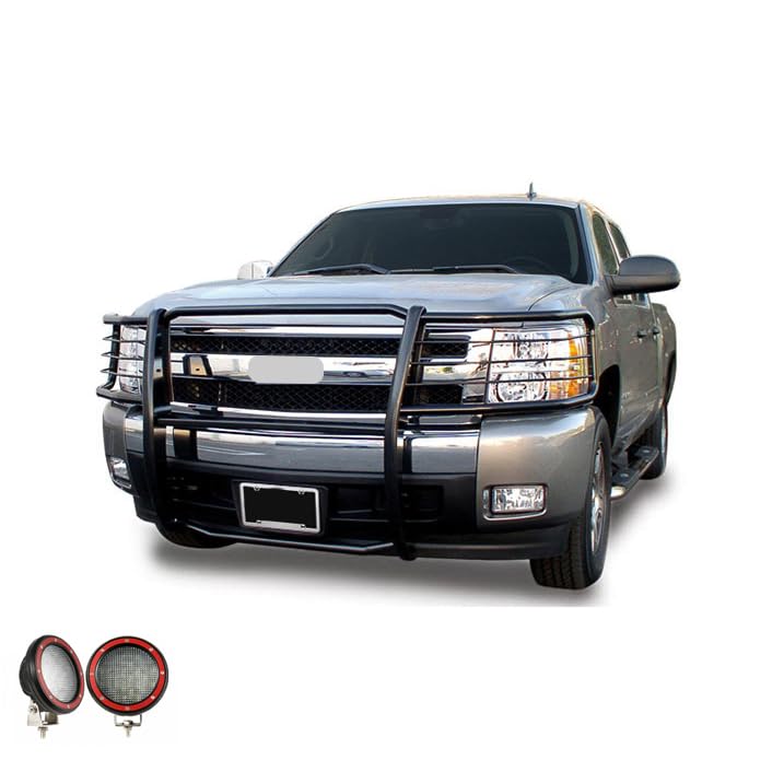 Bumper Guard Black Horse Grille Brush Modular Black Come with Pair of 5.3" Dia.LED Lights with Red Trim Rings Compatible with 2014-2018 Chevrolet Silverado 1500-17GT27MA-PLFR