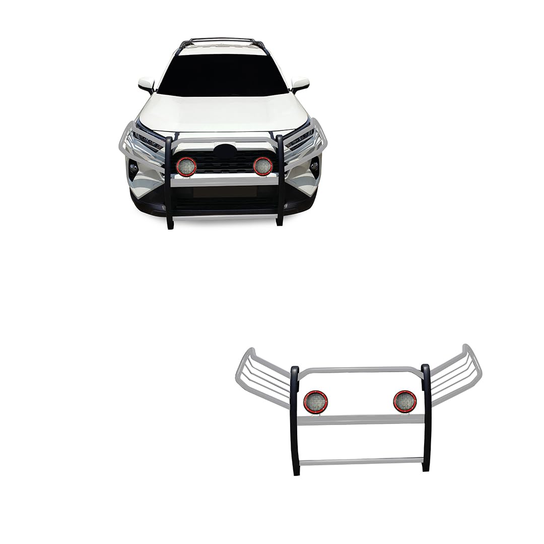 Grille Brush Black Horse Bumper Guard Modular Stainless Steel Come with Pair of 5.3" Dia.LED Lights with Red Trim Rings Compatible with 2019-2024 Toyota RAV4-17A093904MSS-PLFR