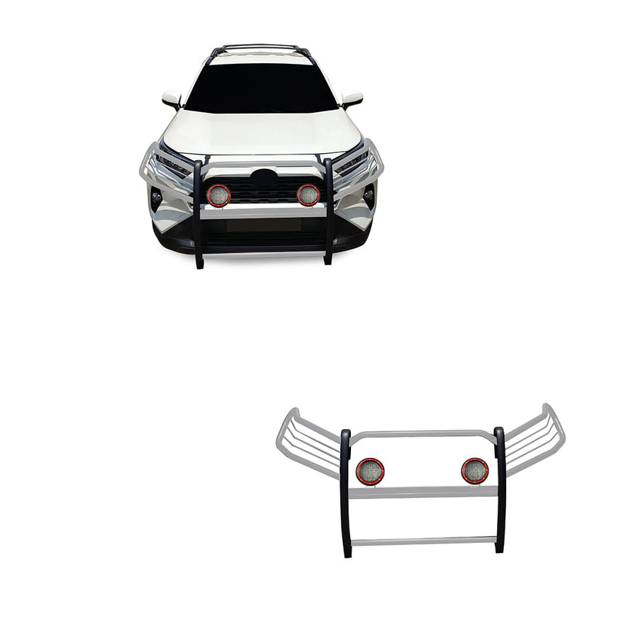 Grille Brush Black Horse Bumper Guard Modular Stainless Steel Come with Pair of 5.3" Dia.LED Lights with Red Trim Rings Compatible with 2019-2024 Toyota RAV4-17A093904MSS-PLFR