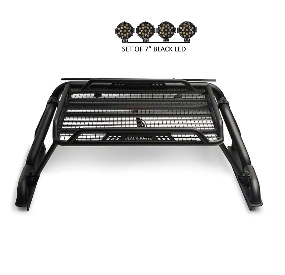 Warrior Black Horse Roll Bar incl. Pair of 7.0" Dia.LED Lights w/Black Trim Rings Compatible with 1/2 TON Trucks (GM Silverado 14+/Ford F150 15+/Dodge RAM 15+) with Full Size Cargo Basket