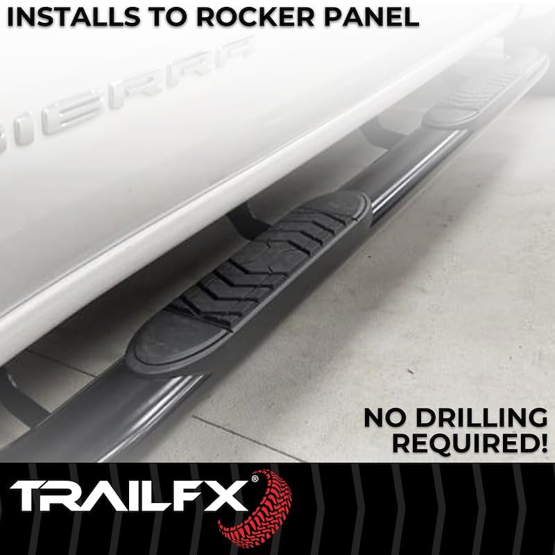 Truck Running Boards Fits Ram 1500 2011-2018 Quad Cab Oval 5 Inch Straight Wheel-to-Wheel Nerf Bars with Step Pads Black Semi-Gloss Powder Coated Steel Rocker Panel Mount TrailFX A7055B