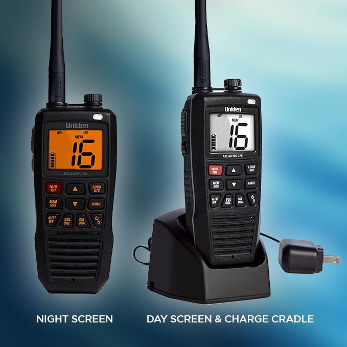 Atlantis 275 Uniden Handheld Two-Way VHF Marine Radio, Floating IPX8 Submersible Waterproof, Large Dual-Color Screen, 6-Watt, All USA/International/Canadian Marine Channels, NOAA Weather Alerts