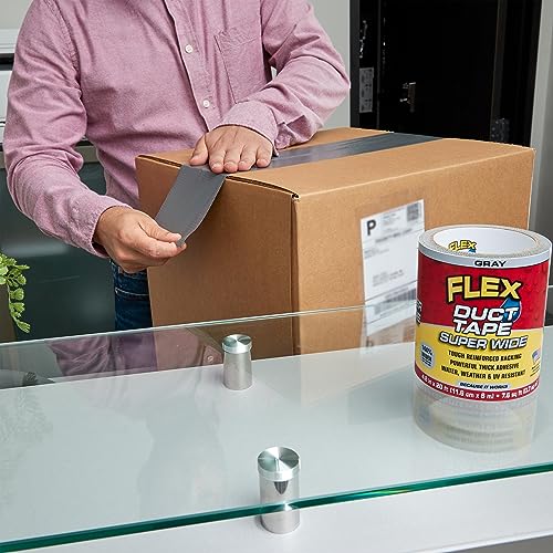 Super Wide Flex Duct Tape, 4.6 Inches x 20 Feet, Gray, Heavy Duty Strong, Multi-Surface, Water, Weather and UV Resistant, Tearable, Perfect for Boxes, No Residue