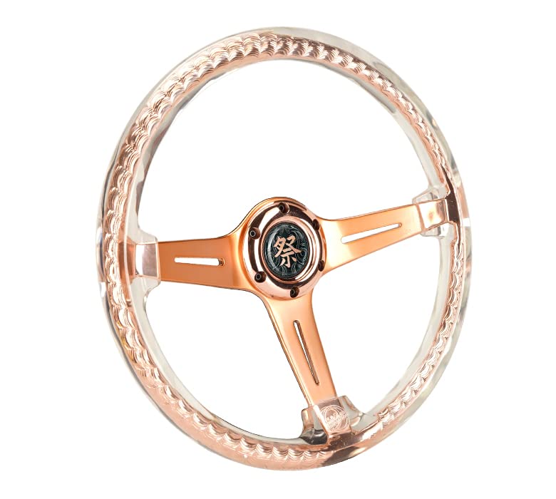 NRG Innovations Reinforced Steering Wheel NRG-RST-027GD-CL 350mm 2" Deep Dish Clear Acrylic Steering Wheel in Clear and Rose Gold Spoke Finish with Slits