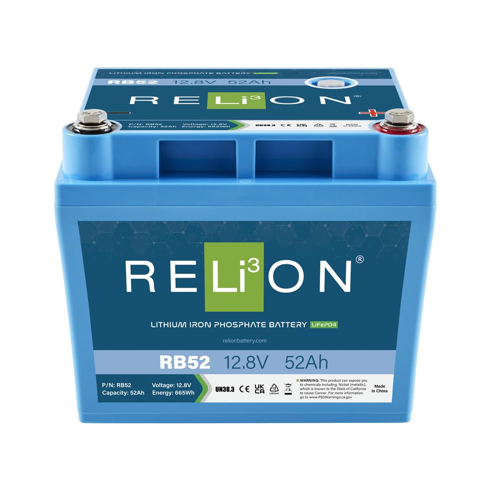 12V RELiON RB52 | 52Ah LiFePO4 Lithium-ion Battery | 3500~5000 Cycles | Built-in BMS | Waterproof (IP67 Rating)| 10 Year Warranty | Lightweight small size | Perfect for Trolling Motor, Kayak, RV etc.
