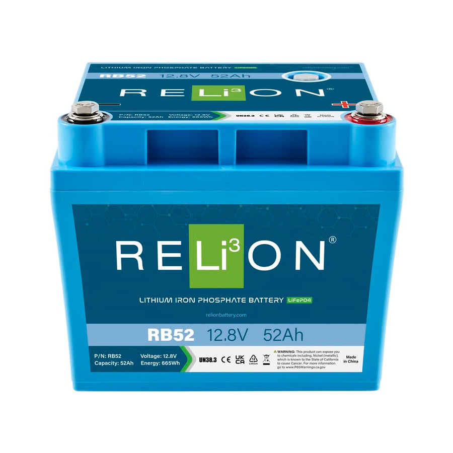 12V RELiON RB52 | 52Ah LiFePO4 Lithium-ion Battery | 3500~5000 Cycles | Built-in BMS | Waterproof (IP67 Rating)| 10 Year Warranty | Lightweight small size | Perfect for Trolling Motor, Kayak, RV etc.