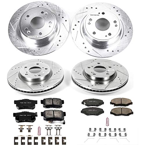 Power Stop K7921 Z23 Carbon Fiber Brake Pads Front and Rear with Drilled & Slotted Brake Rotors Kit