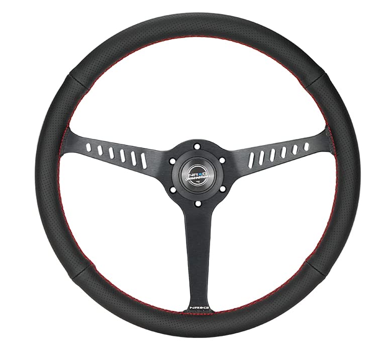NRG Innovations Reinforced NRG-RST-380-STL-R Classic Stealth Wheel, 380mm, 3 Spoke Center with Diagnal Slits, 1" Deep Dish with Perforated Leather and Red Stitching