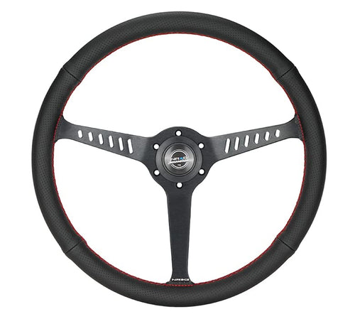 NRG Innovations Reinforced NRG-RST-380-STL-R Classic Stealth Wheel, 380mm, 3 Spoke Center with Diagnal Slits, 1" Deep Dish with Perforated Leather and Red Stitching