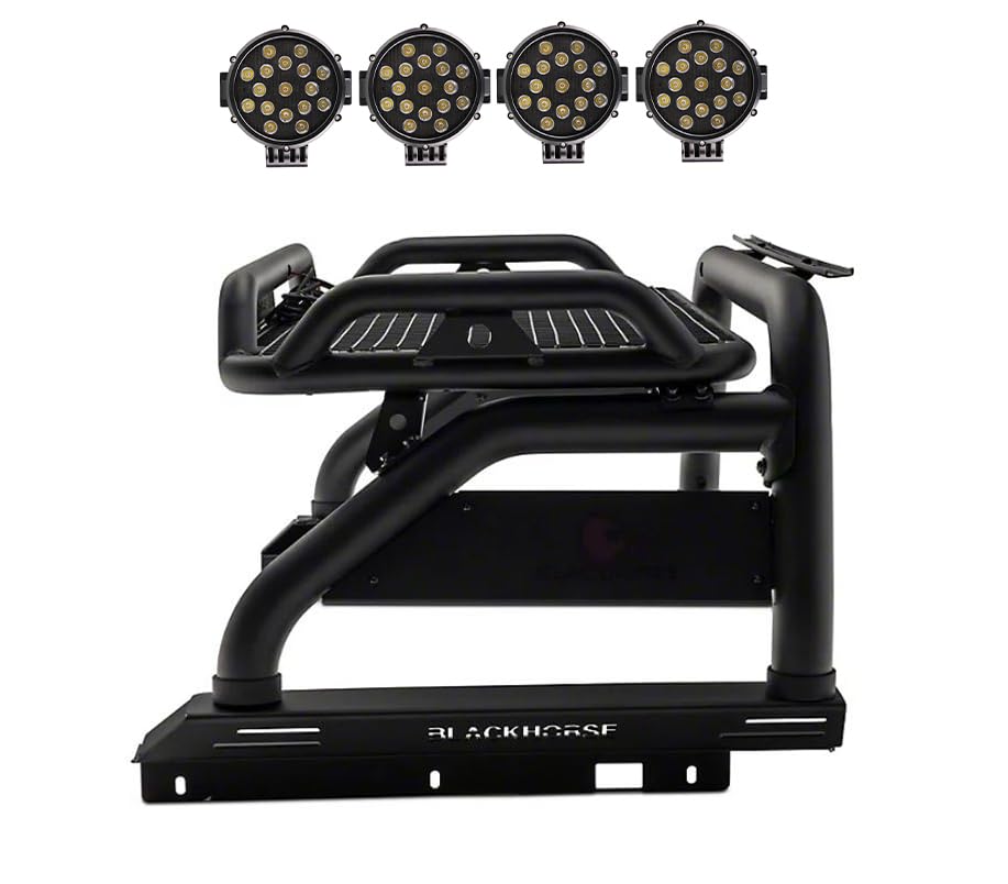 Atlas Roll Bar Black Horse incl. Pair of 7.0" Dia. Led Lights w/Black Trim Rings Compatible with 2019-2022 Ford Ranger-ATRB8BK-PLB