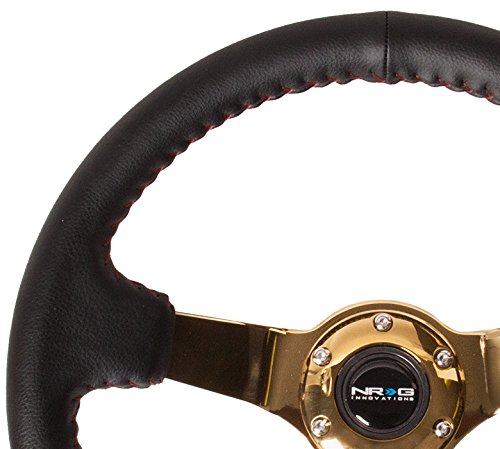 NRG Innovations Reinforced NRG-RST-036CG Steering Wheel (3" Deep, 4mm) 350mm Sport Wheel, Black Leather, Red Baseball Stitch, Gold Spoke