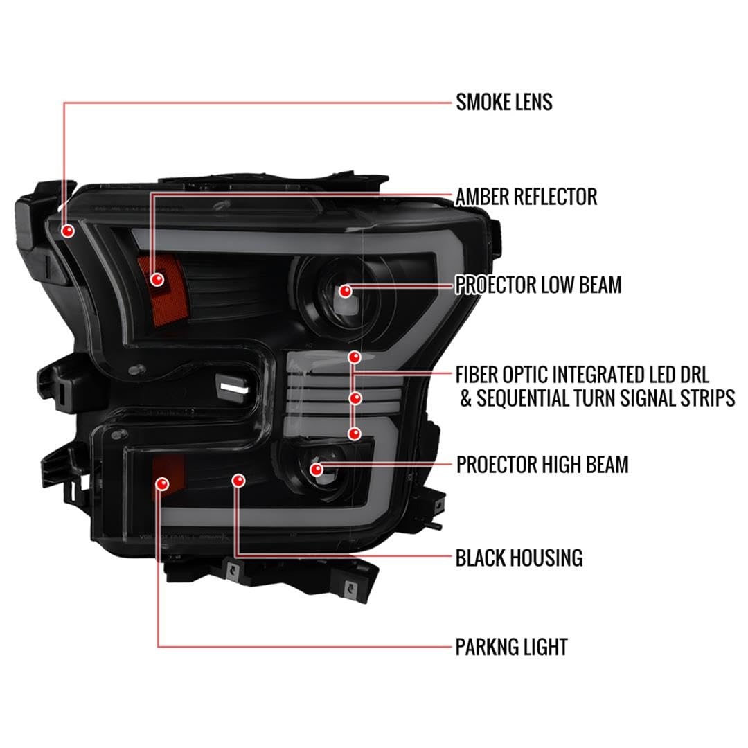 Dual Projector Headlights SPEC-D TUNING Black Smoke w/Switchback Sequential LED Tube Signal Compatible with 2015-2017 Ford F150 Left + Right Pair Headlamps Assembly