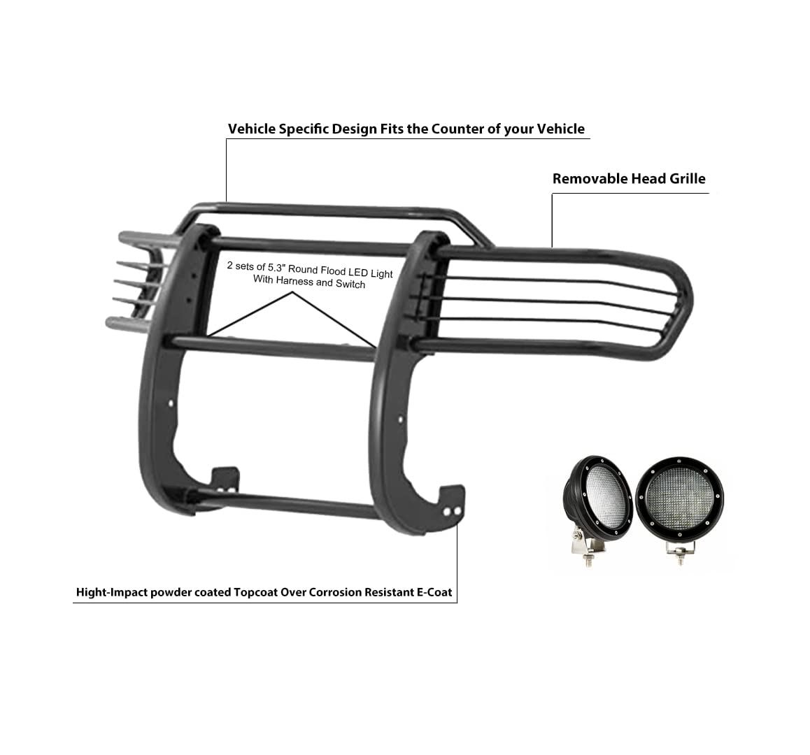 Grille Brush Black Horse Bumper Guard Modular Black Come with Pair of 5.3" Dia.LED Lights with Black Trim Rings Compatible with 2007-2014 Toyota FJ Cruiser-17A098600MA-PLFB