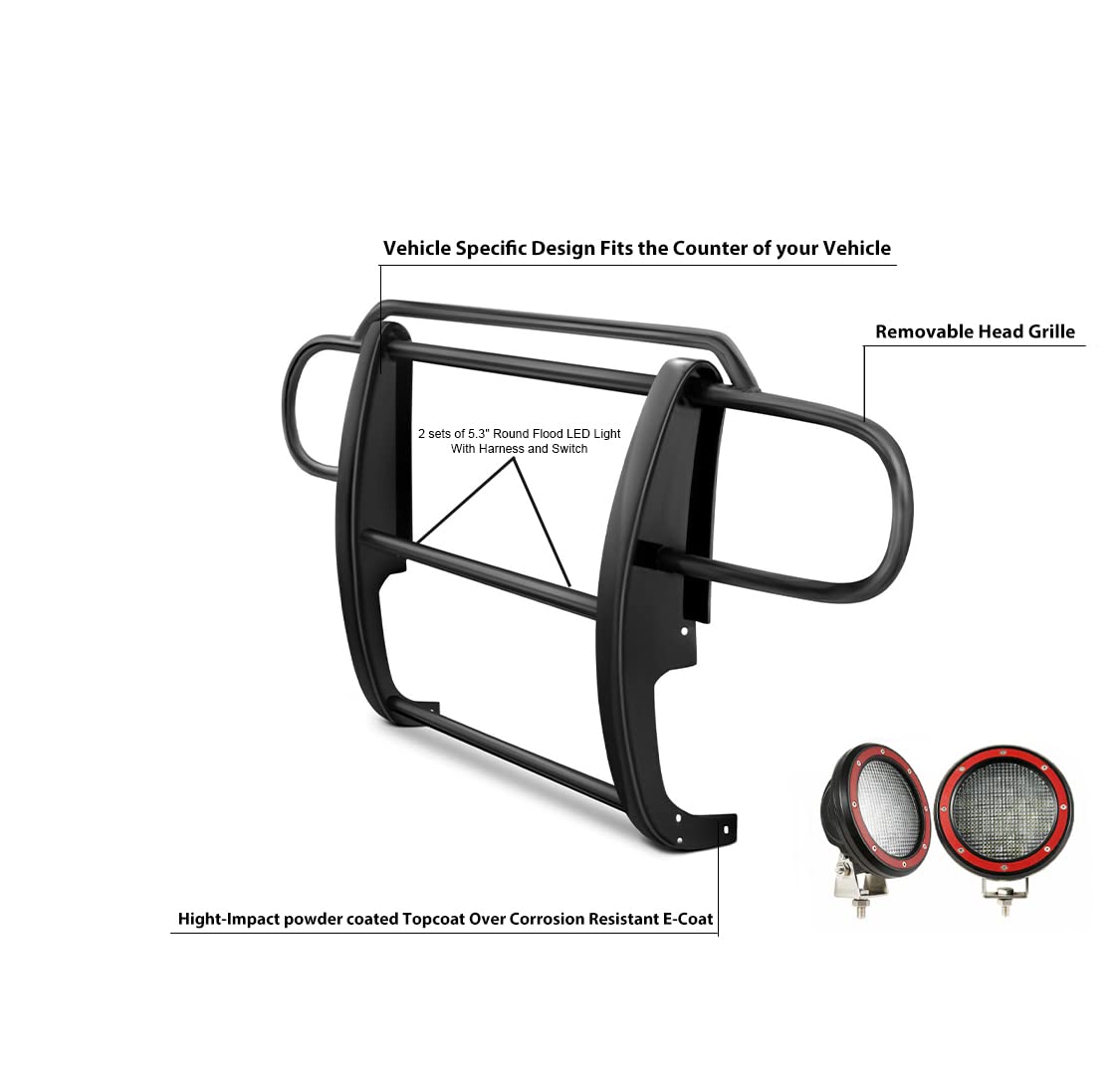 Bumper Guard Black Horse Grille Brush Modular Black Come with Pair of 5.3" Dia.LED Lights with Red Trim Rings Compatible with 2007-2017 Jeep Wrangler-17JPWRMA-PLFR