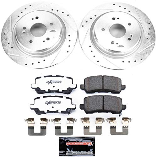 Power Stop K7216-26 Z26 Carbon Fiber Brake Pads Rear with Drilled and Slotted Brake Rotors Kit For 2016 2017 2018 2019 2020 2021 Chevy Camaro SS [Models with 4 Piston Front Caliper]
