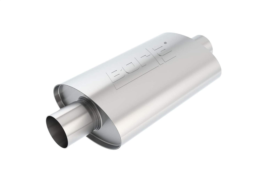 BORLA XR-1 Sportsman Racing Muffler 40941 - 2.5" Center Inlet/ 2.5" Center Outlet 4.25" x 7.88" Oval x 12" Long Body 17" Overall Length. Universal Part. Reversible Design.
