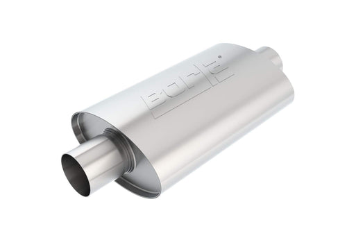 BORLA XR-1 Sportsman Racing Muffler 40941 - 2.5" Center Inlet/ 2.5" Center Outlet 4.25" x 7.88" Oval x 12" Long Body 17" Overall Length. Universal Part. Reversible Design.