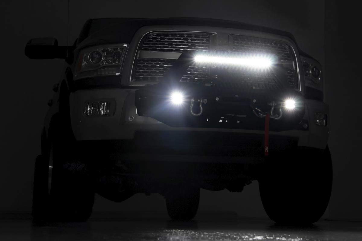 EXO Winch Mount Rough Country with LED Lights for Ram 2500 (2014-2018) - Includes 20-in LED Light Bar, Dual 2-in LED Cubes, D-Rings