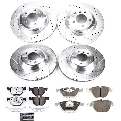 Power Stop K2883-26 Z26 Carbon Fiber Brake Pads Front and Rear with Drilled & Slotted Brake Rotors Kit and 1 Front & 1 Rear Sensor Wires For BMW 335i xDrive, BMW 335xi [Model Specific]