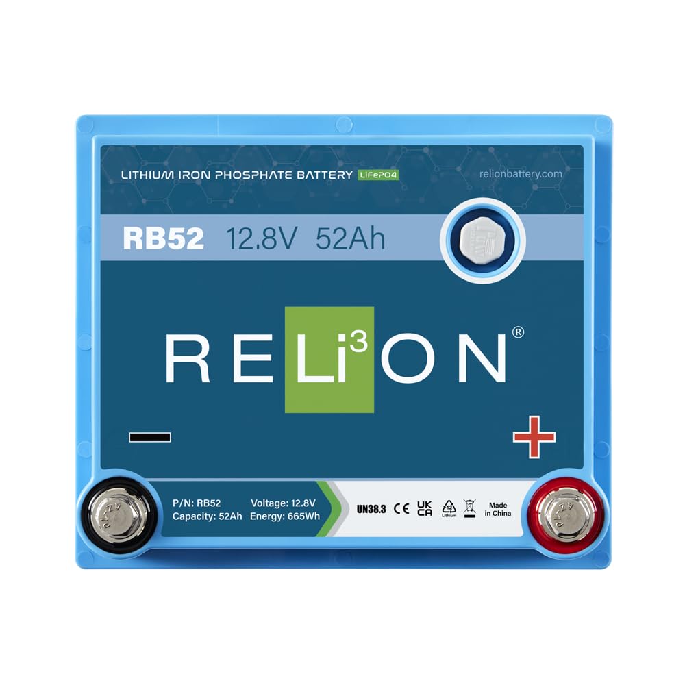 12V RELiON RB52 | 52Ah LiFePO4 Lithium-ion Battery | 3500~5000 Cycles | Built-in BMS | Waterproof (IP67 Rating)| 10 Year Warranty | Lightweight small size | Perfect for Trolling Motor, Kayak, RV etc.