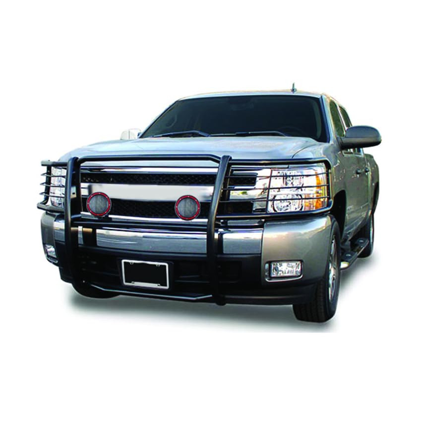 Black Horse Grille Brush Bumper Guard Black Modular Come with Pair of 5.3" Dia.LED Lights with Red Trim Rings Compatible with 2015-2019 Silverado 2500 HD|2015-2019 Silverado 3500 HD-17GT28MA-PLFR