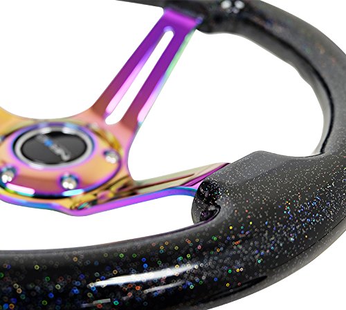 NRG Innovations Reinforced NRG-RST-018BSB-MC Classic Wood Grain Steering Wheel, 350mm, 75mm Deep, 3 Spoke Slotted Center Neochrome With Black Multi Color Flake Wood Double Riveted Spokes