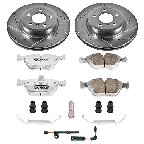 Power Stop K5298-26 Z26 Carbon Fiber Brake Pads Front with Drilled & Slotted Brake Rotors Kit and 1 Front Sensor Wire For BMW X3 2004-2010 [Model Specific]